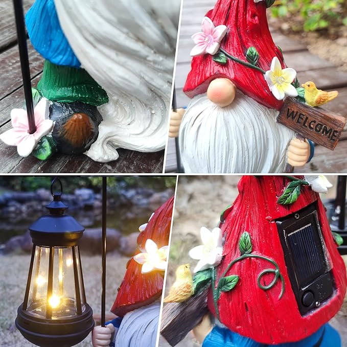 Solar Garden Gnomes Statue with Succulent and LED Lights - Solar Lantern Gnomes Decorations for Yard Outdoor gnome Decorations for Garden, Patio Gnome Gifts for Mom