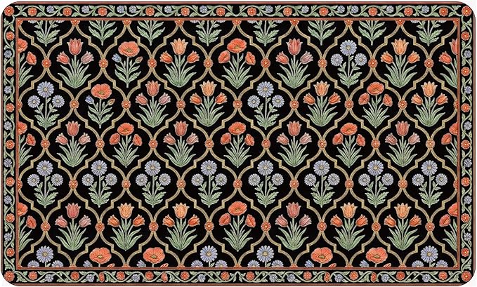 Pet Feeding Mat 20 x 12 Inch, Black Floral Pet Placemat Absorbent Quick-Dry for Food and Water, Waterproof Non Slip Rubber Bowl Pad Mat for Floors