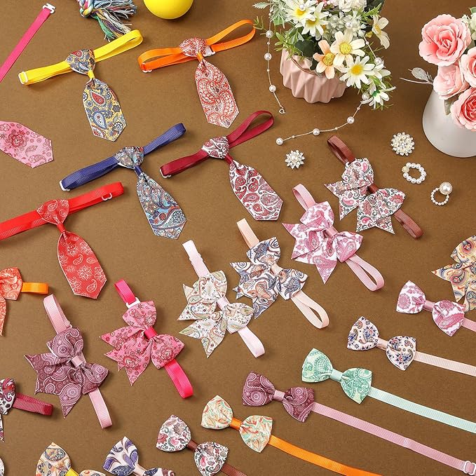 Reginary 100 Pieces Dog Bow Tie Collar Set Include 40 Dog Neckties, and 30 Puppy Bowties, 30 Collar Flowers, Adjustable Pet Ties Grooming for Small Medium Cats Pets Supply (Paisley)