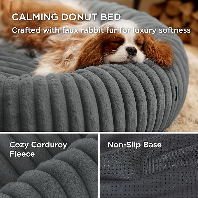 Bedsure ComfyFleece™ Donut Medium Dog Bed - Washable Faux Fur with Corduroy Fleece & Anti Slip Bottom, Round Pet Bed with Removable Cover, Warm Grey, 30x30x8 inches