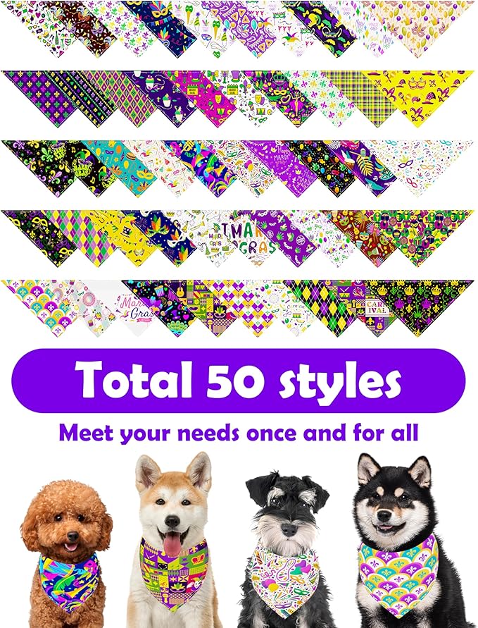 PET SHOW 50 Pack Mardi Gras Dog Bandanas Bulk for Small Dogs Cats Puppys XS Washable Adjustable Dog Scarf Triangle Bibs Pet Green Yellow Decorative Grooming Accessories
