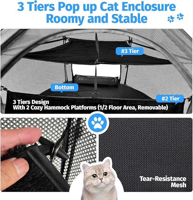 EighteenTek® Catio Outdoor Cat Enclosure 3-Tier Pop up Cat Tent Playpen | Portable Kitten Catio Tower | Pet Playpen Indoor/Outdoor Cats Enclosed | Play Tents for Patio Balcony Courtyard Camping