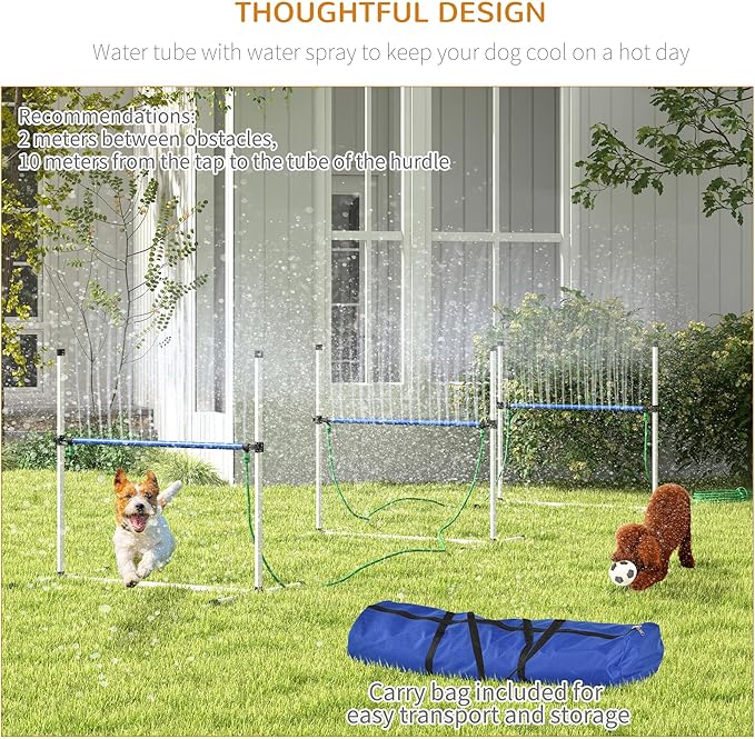 PawHut 4 Piece Dog Agility Training Equipment Set with Spray Water Tube, Dog Agility Set with Adjustable Height Hurdles, Whistle, Carry Bag, White