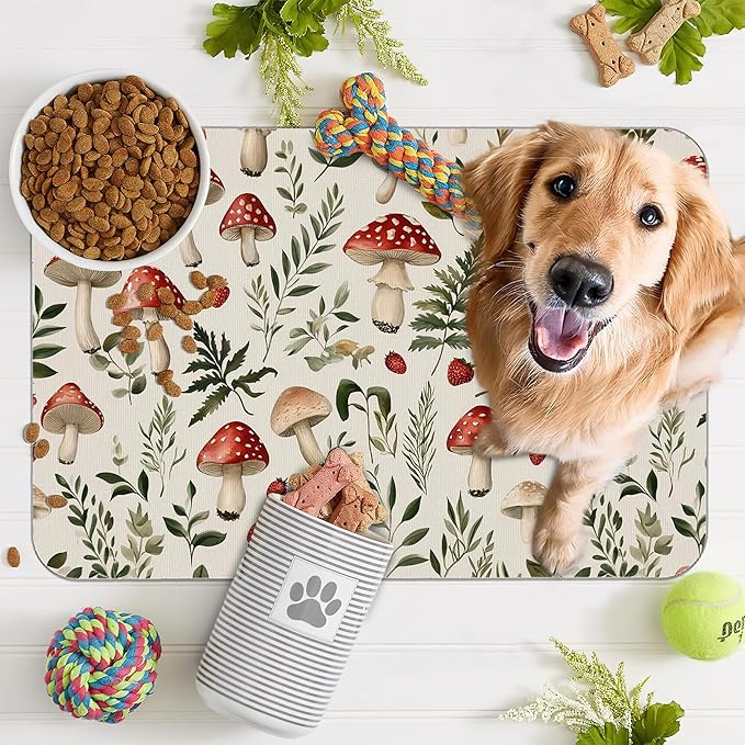Red Mushroom Pet Feeding Mat,Fern Herb Berries Absorbent Quick-Dry Cat Dog Food and Water Bowl Mats,Non-Slip Rubber Backing Mat,Cat Dog Accessories Supplies 16"x24"