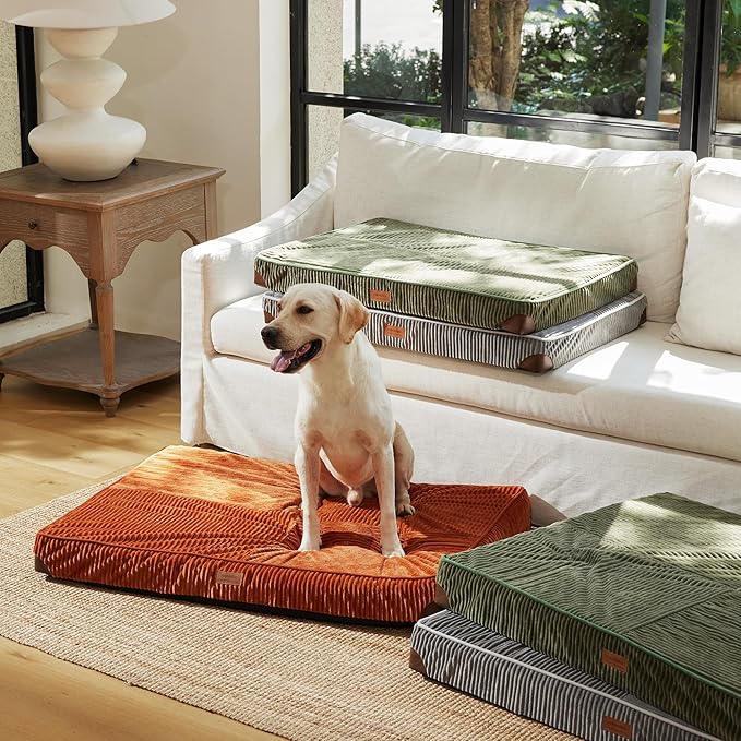 FUKUMARU Dog Bed, Thickened Corduroy Orthopedic Dog Beds with Washable Cover, Large Waterproof Dogs Bed for Crate, 28D Egg Crate Foam Support Pet Mat, Cozy Pet Bed Pad with Anti-Slip Bottom, Grey