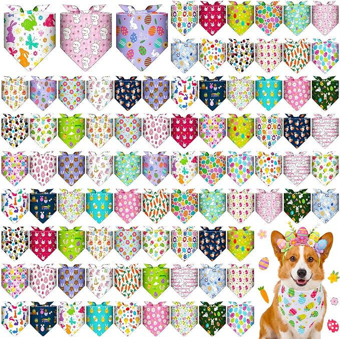 Youyole 120 Pcs Easter Dog Bandana Bulks Bunny Dog Bandanas Rabbit Egg Pet Scarf Soft Cat Triangle Scarfs Easter Day Pet Bandana Bibs for Small and Medium Breed