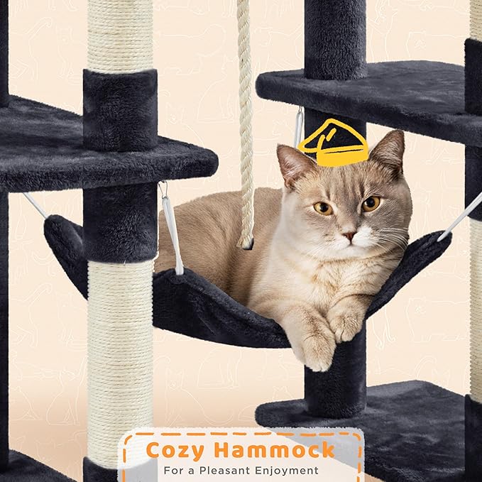 Yaheetech Cat Tree, 82.5in Extra Large Tower w/Cute Perches, Cozy Condo, 8 Scratching Posts, Basket, Multi Level Cat Tree for Indoor Cats, Black