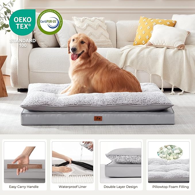 2-Pack XL Waterproof Dog Bed Large Size Dogs, Plush Cushion & Orthopedic Egg-Crate Foam Mattress for Senior Dogs, Washable Dog Crate Bed with Removable Cover, Light Grey