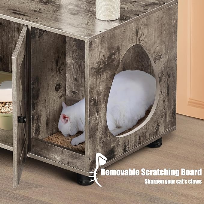 Yaheetech Litter Box Enclosure with Cat Tree, All-in-one Indoor Kitten House w/Scratching Posts, Wooden Cat Litter Box Furniture w/Kitty Condo, Platform, Greige/Beige