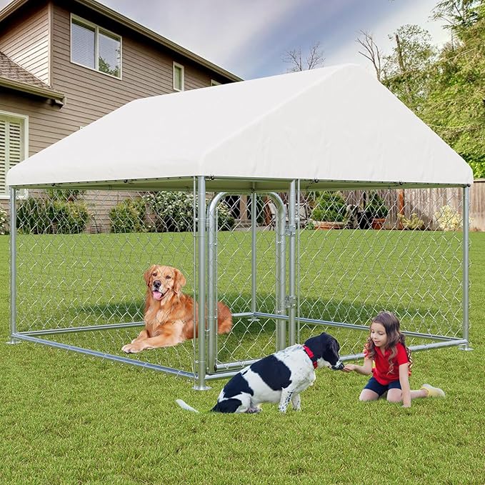 LotFun Large Outdoor Dog Kennel, 6.6 x 6.6 FT Heavy Duty Dog Enclosure with Chain Link Fence, UV-Resistant Canopy Cover, Double Lock Security (6 x 6 x 5 in)