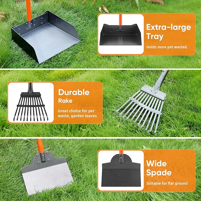 Pooper Scooper, Extra Large Long Handle Dog Pooper Scooper for Dogs Heavy Duty, Pet Supplies Stainless Metal Tray, Spade and Rake Set, Use on Grass, Dirt or Gravel