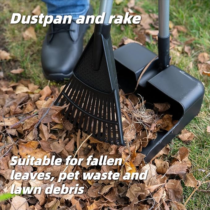 35 Inch 15-Tine Leaf Rake and Dustpan Set, Handle Yard Tool with Hanging Holes, Outdoor Cleanup Kit for Lawn Debris, Pet Waste, Leaves