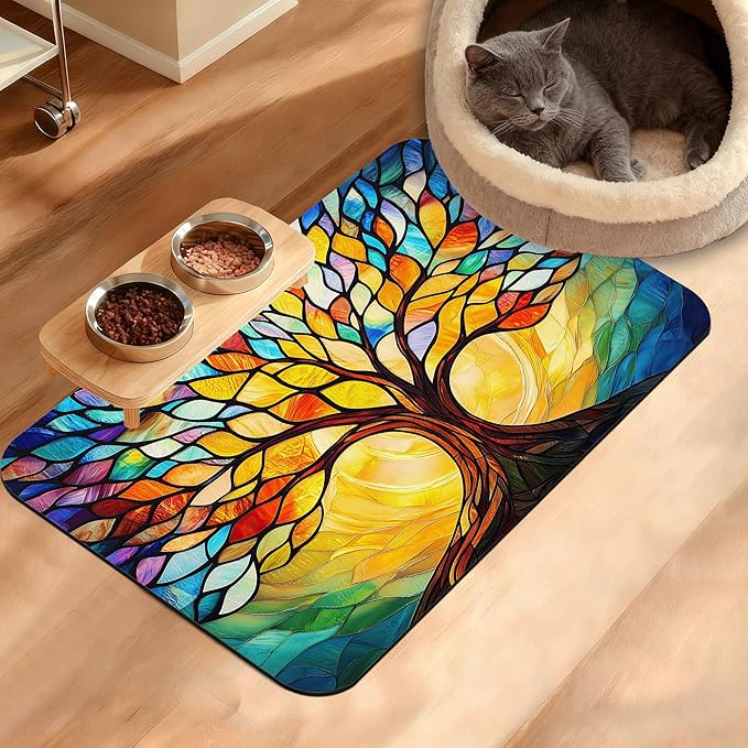 Tree of Life Feeding Mat,Colorful Tree Absorbent Quick-Dry Cat Dog Food and Water Bowl Mats,Non-Slip Rubber Backing Mat,Cat Dog Accessories Supplies 16" x 24"