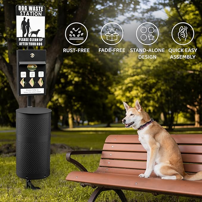 Hands-Free Dog Waste Station Outdoor with Pedal - Dog Waste Disposal System for Park & Trails - Rust Proof Doggie Station - Night Glowing Sign | 800 Pet Waste Bags & 100 Can Liners (Black)
