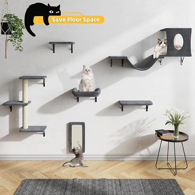 NUNU LAB Wall Mounted Cat Furniture Set - 6 Pcs Climber Set with House, Bridge, Steps, Scratcher Board - DIY Walls Playground, Indoor Cat Shelves - Dark