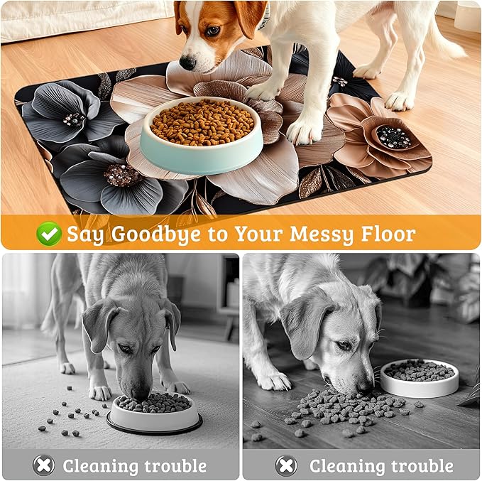 Black Brown Flower Feeding Mat,Artistic Absorbent Quick-Dry Cat Dog Food and Water Bowl Mats,Non-Slip Rubber Backing Mat,Cat Dog Accessories Supplies 12" x 20"