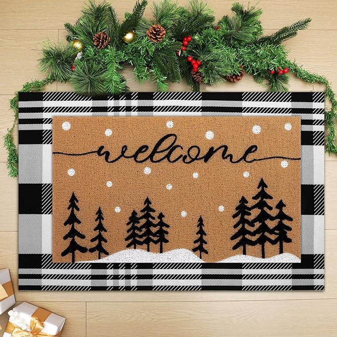 Tinideya 2 Pcs Door Mat Welcome Non Slip Coir Mats Floor Layering Doormats Seasonal for Front Porch Entryway Decor(Snowy Tree)