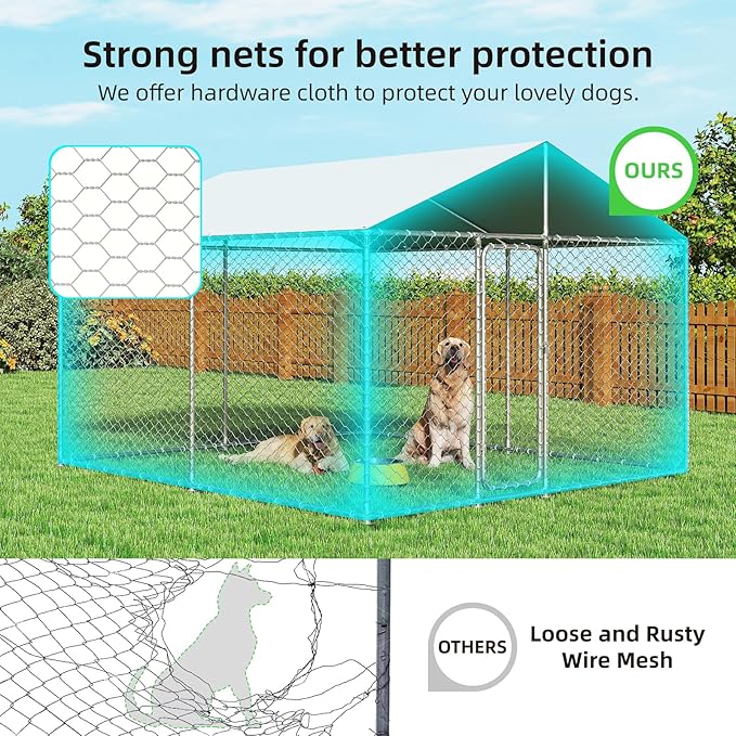 10'x10' Large Outdoor Dog Kennel, Heavy Duty Dog Enclosure with Roof, Weather Resistant Cover and Security Lock(124"x124")