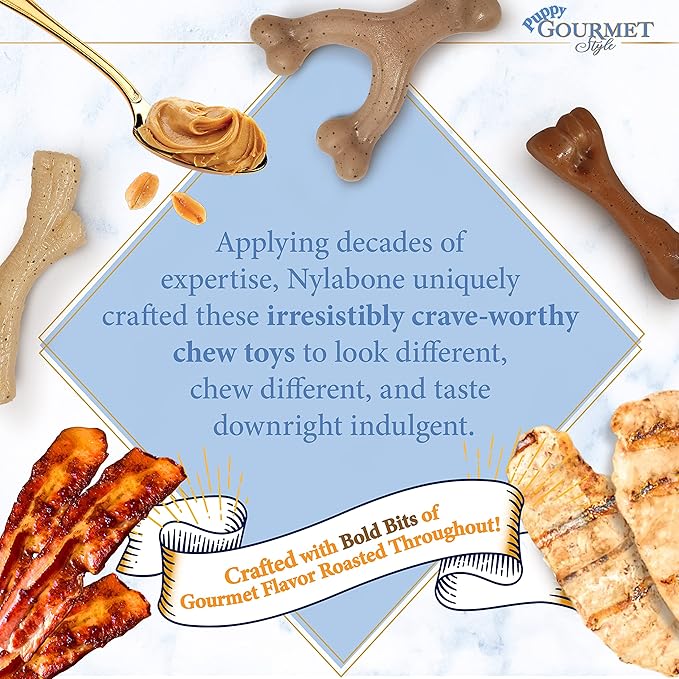 Nylabone Gourmet Style Femur, Wishbone, & Stick Strong Chew Toy for Puppies, Bacon, Chicken & Peanut Butter Flavor, Small - Up to 25 Ibs, 3 Pack
