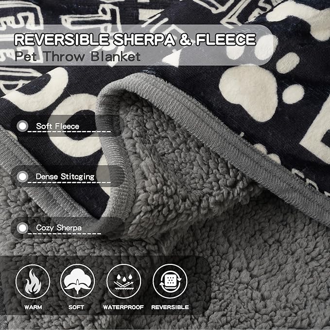 Waterproof Dog Blankets Pet Blanket 60"x80", Soft Fluffy Sofa Car Bed Protector, Reversible Sherpa Fleece Dog Blanket for Large Dogs (Letters)