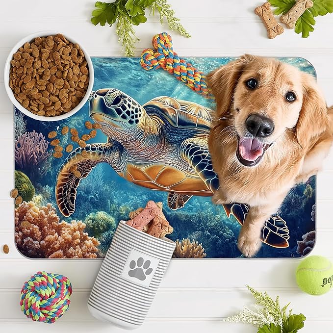 Turtle Dog Cat Food Mat,Coral Fish Absorbent Pet Feeding Mat for Food and Water,Non-Slip Dog Bowl Mats Floor Protector 16"x24"