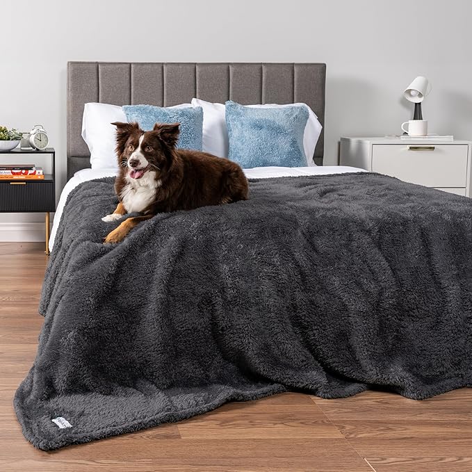 PetAmi Fluffy Waterproof Dog Blanket for Medium Large Dogs, Soft Warm Pet Sherpa Throw Pee Proof Couch Cover, Reversible Cat Bed Blanket Sofa Protector, Plush Washable Pad (Gray, 40x60)