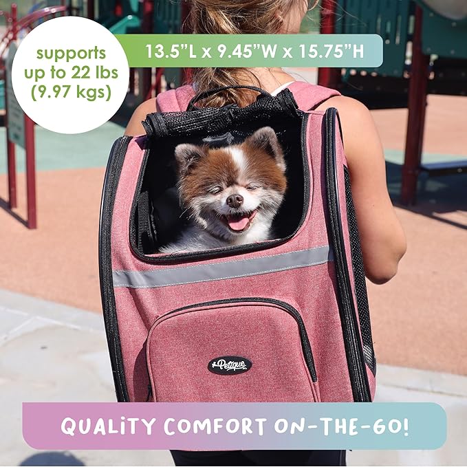 Petique The Backpacker Pet Carrier - Coral: for Small Dogs/Cats/Pets, Storage Pocket, Luggage Handle Slit, Leash Inside, Adjustable Straps, Reversible Mat, 3 Entryways, Folds Flat, Reflective Strip
