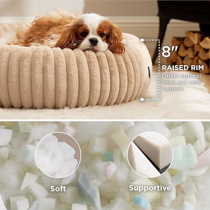 Bedsure ComfyFleece™ Donut Medium Dog Bed - Washable Faux Fur with Corduroy Fleece & Anti Slip Bottom, Round Pet Bed with Removable Cover, Sandy Beige, 30x30x8 inches