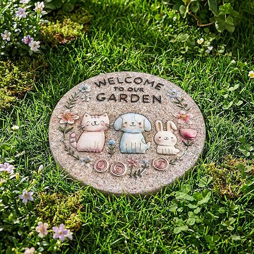 Garden Stepping Stones Outdoor, 9.8" Resin Pet Cat Dog Bunny Stepping Stone for Walkway Gardening Gifts, Spring Decorative Round Welcome to Our Garden Home Decor for Outside Yard Patio Lawn
