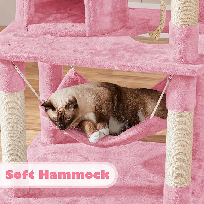 Yaheetech Cat Tree, 70.5in Cat Tower for Indoor Cats, Multi Level Cat Condo Activity Center Play House with Hammock, 2 Plush Perches, Dangling Ball, Pink