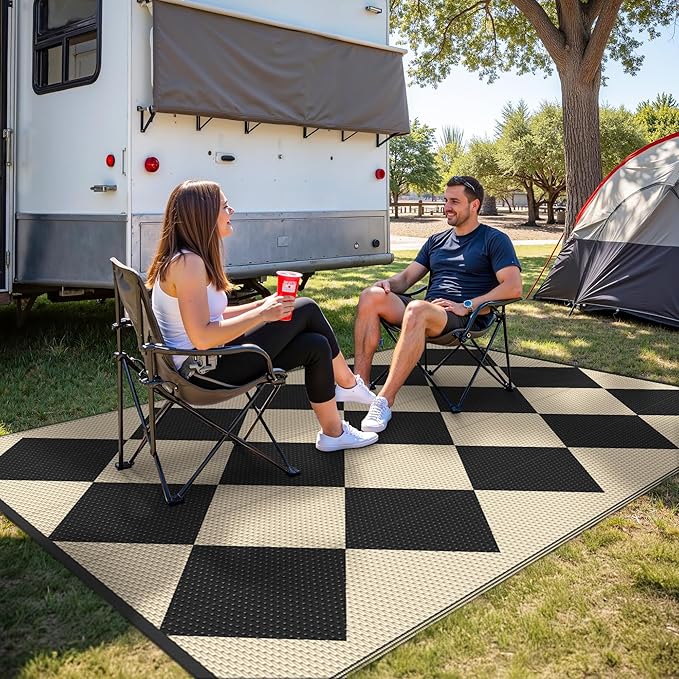 GENIMO Outdoor Rug for Patio Clearance, 6'x9' Reversible Geometric Plastic Straw Rugs, Lightweight Waterproof RV Camping Mat for Camper, Balcony, Deck, Backyard, Picnic, Black Beige