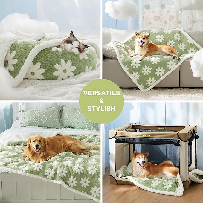 LE SURE Waterproof Dog Blanket for Large Dogs - Washable Double Sided Dog Blankets with Warm Jacquard Shag and Soft Sherpa Fleece, Pet Cat Blanket for Bed Couch Protection, 3D Textured Cloud, Green