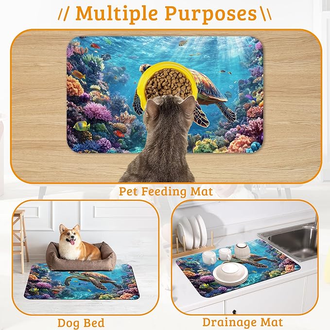 Sea Turtle Dog Cat Food Mat,Colorful Coral Absorbent Waterproof Placemat for Food and Water Non Slip Rubber Backing Durable Feeding Pad for Clean Floors 16" x 24"