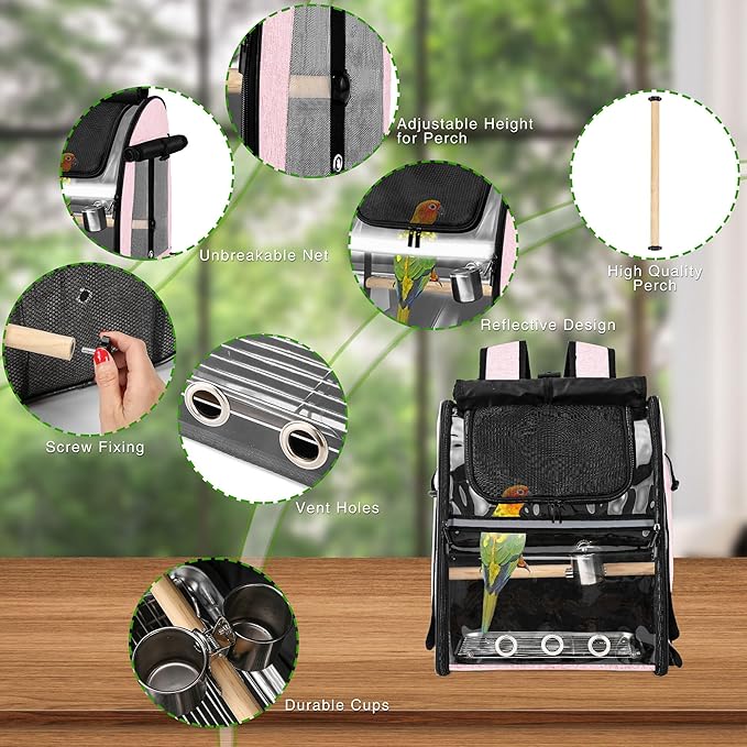SUERTREE Bird Carrier Bag with Indestructible Stainless Steel Mesh, Bird Travel Cage with Stand, Easy to Clean Backpack for Parrot, Portable Bird Travel Bag, Pink