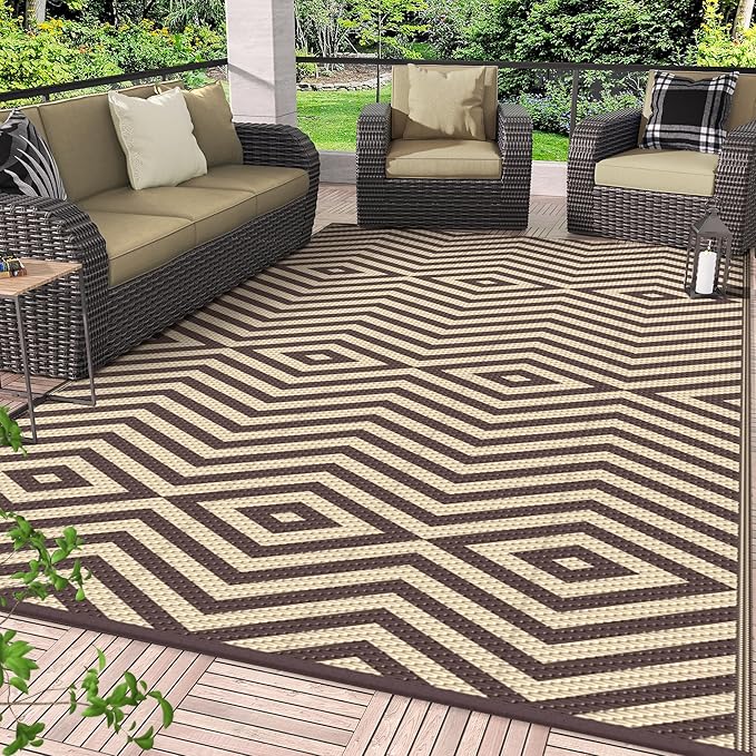 GENIMO Outdoor Rug for Patio Clearance, 6'x9' Reversible Plastic Straw Rugs, Lightweight Waterproof Modern RV Camping Mat for Camper, Balcony, Deck, Backyard, Picnic, Coffee Beige