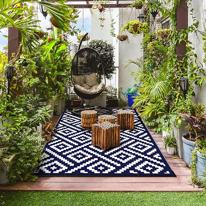 GENIMO 5x8 Outdoor Rug Waterproof, Reversible Mats, Area Rug, Plastic Outside Carpet, Geometric Rv Mat for Patio Camping Picnic Backyard Deck Balcony Porch Beach Trailer (Navy Blue & White)