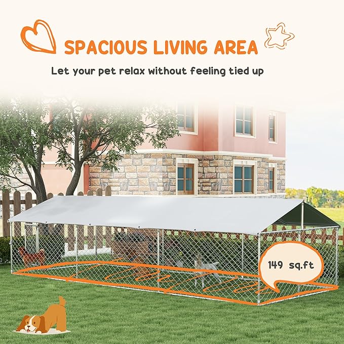 PawHut Outdoor Dog Kennel, Heavy Duty Dog Run Outdoor Fence with Waterproof Cover, Galvanized Chain Link, Secure Lock, for Large Sized Breeds, Chickens, Ducks, 20' x 7.5' x 5'