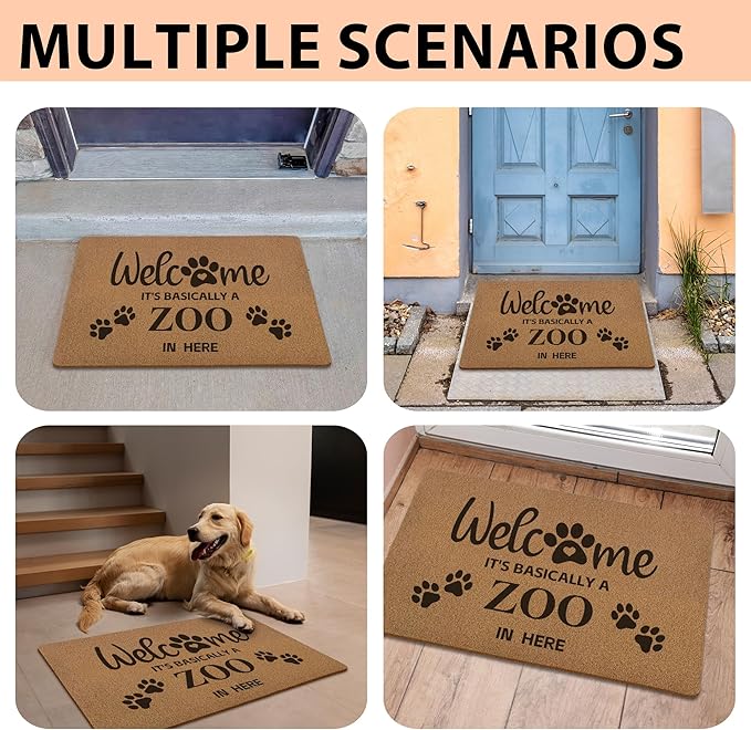 Funny Pet Welcome Door Mats, It's Basically a Zoo in Here Door Mat for Home Outside Entryway, Outdoor Pet Lover Owner Gift, Artificial Coir Doormat Rugs for Patio Kitchen Decor, 17x30 Inch