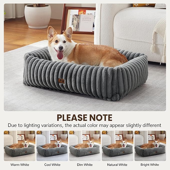 Washable Dog Bed for Small Medium Dogs - Rectangle Orthopedic Corduroy Fleece Pet Bed with Removable Cover and Nonskid Bottom, Calming Puppy Bed Soft Pet Sofa, Grey(30x24x8inchs)