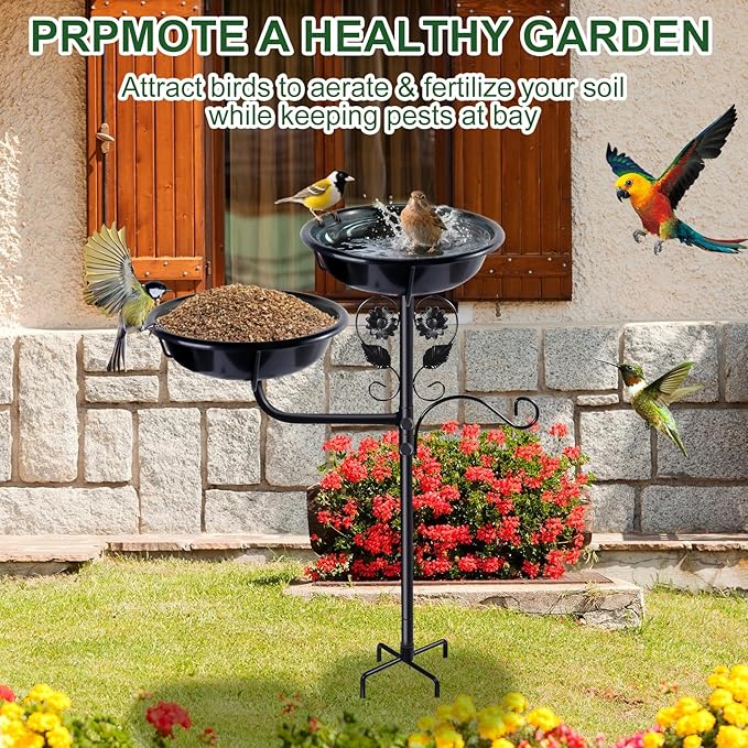 32.7 Inch Metal Bird Bath for Outside, Double Bowls Bird Baths for Outdoors, Freestanding Birdbaths for Outdoors Garden Decor, Bird Feeders Stand for Outdoors with Metal Stake,Garden Decor for Outside