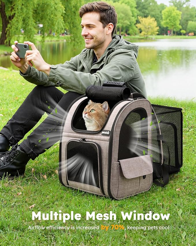 Pecute Cat Backpack Carrier Expandable, Pet Backpack for Cats & Small Dogs Up to 11lbs, with 4-Side Breathable Mesh, Multi-Entry & Lockable Zippers for Travel, Hiking, Camping - Hands Free, Khaki