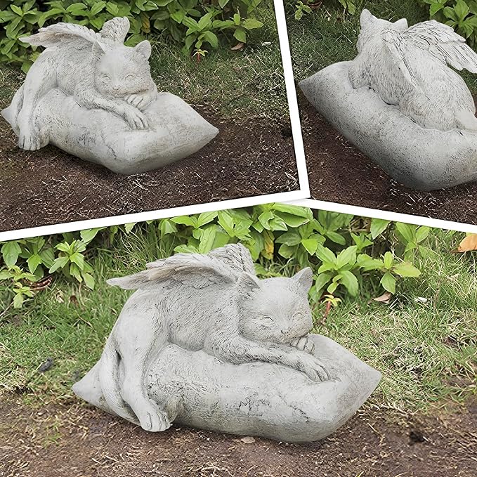 Holiberty Cat Angel Figurine Memorial Pet Stone Statue - Garden Grave Monument Marker Decor - Polyresin Dog Angel Figures Tombstone Sculpture Ornament - Loss of Kitten Sympathy Gift