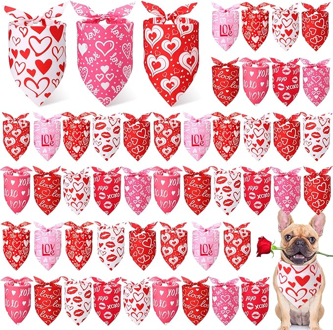 Weewooday 50 Pcs Valentines Dog Bandanas Bulk for Dogs Soft Bibs Adjustable Triangle Pet Bandana for Small Medium Large Costume(Heart Pattern, 25.6 x 17.7 x 17.7 Inch)