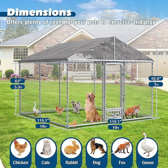 10×10×7 FT Outdoor Dog Kennel with Roof, Dog Enclosure w/Rotating Feeder, Large Heavy Duty Dog Run Playpen w/2 Stainless Bowls, Galvanized Pet House w/Secure Lock, Waterproof Cover
