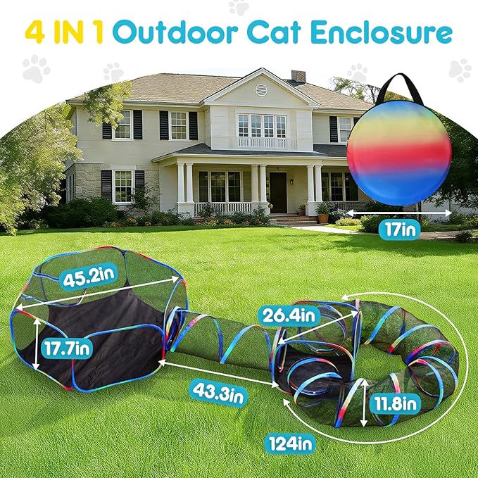 Outdoor Cat Enclosure - 4-in-1 Portable Cat Tunnels with Tent, Cube, Collapsible Catio for Cat Run Outside, Pop up Enclosed Playground for Indoor Cats, Kitty & Small Animals