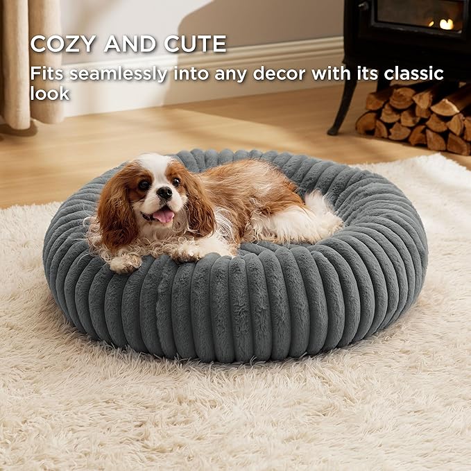 Bedsure ComfyFleece™ Donut Medium Dog Bed - Washable Faux Fur with Corduroy Fleece & Anti Slip Bottom, Round Pet Bed with Removable Cover, Warm Grey, 30x30x8 inches