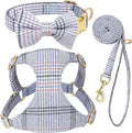 Beirui Cute Extra Small Dog Harness Collar and Leash Set with Bowtie, Soft Adjustable Plaid Puppy Harness for Small Sized Dogs Cats Walks Parties and Photoshoots(Blue,XXS:Chest 12-14")