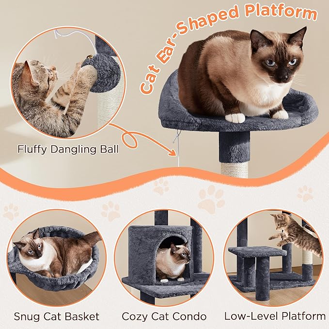 Yaheetech 57in Multi-Level Cat Tree Tower with Extended Platform, Padded Perch, Scratching Posts, and Ball — Indoor Activity Center for Large Cats