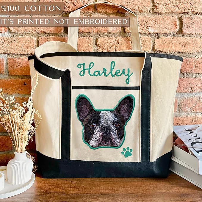 Personalized Canvas Pet Tote Bag for Dog & Cat Owners - Custom Gift with Photo & Name - Present for Dog Moms & Cat Dads