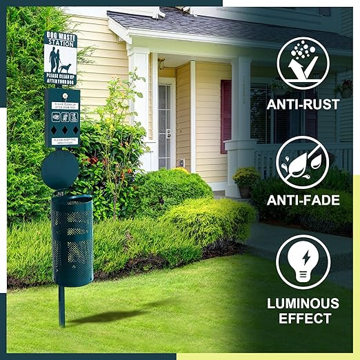 Qinyoung Dog Waste Station Galvanized Steel Outdoor Pet Bin with Poop Bag Dispenser Reflective Sign Rust Proof for Backyard Commercial Park(Green)